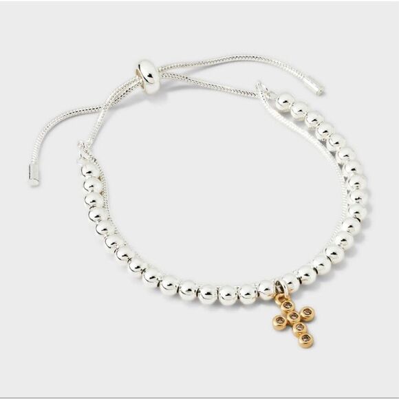 Silver Plated Two Tone Cubic Zirconia Cross Beaded Bolo Bracelet - Gold/Silver - Picture 3 of 5